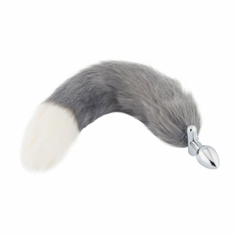 Grey With White Fox Shapeable Metal Tail, 18″ Butt Plugs