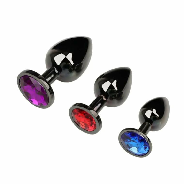 Gunmetal Jeweled Plugs (3 Piece) Butt Plugs Black