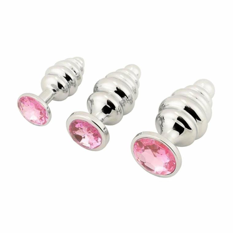 Pink Ribbed Jeweled Anal Training Set (3 Piece) Butt Plugs