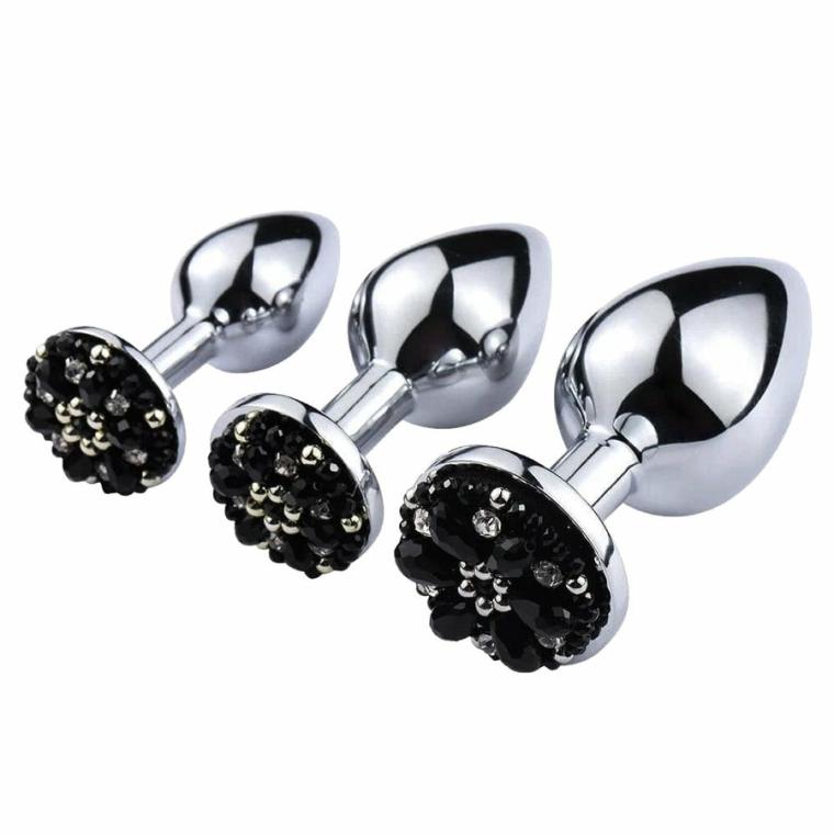 Rhinestone Stretching Anal Training Set (3 Piece) Butt Plugs Ebony